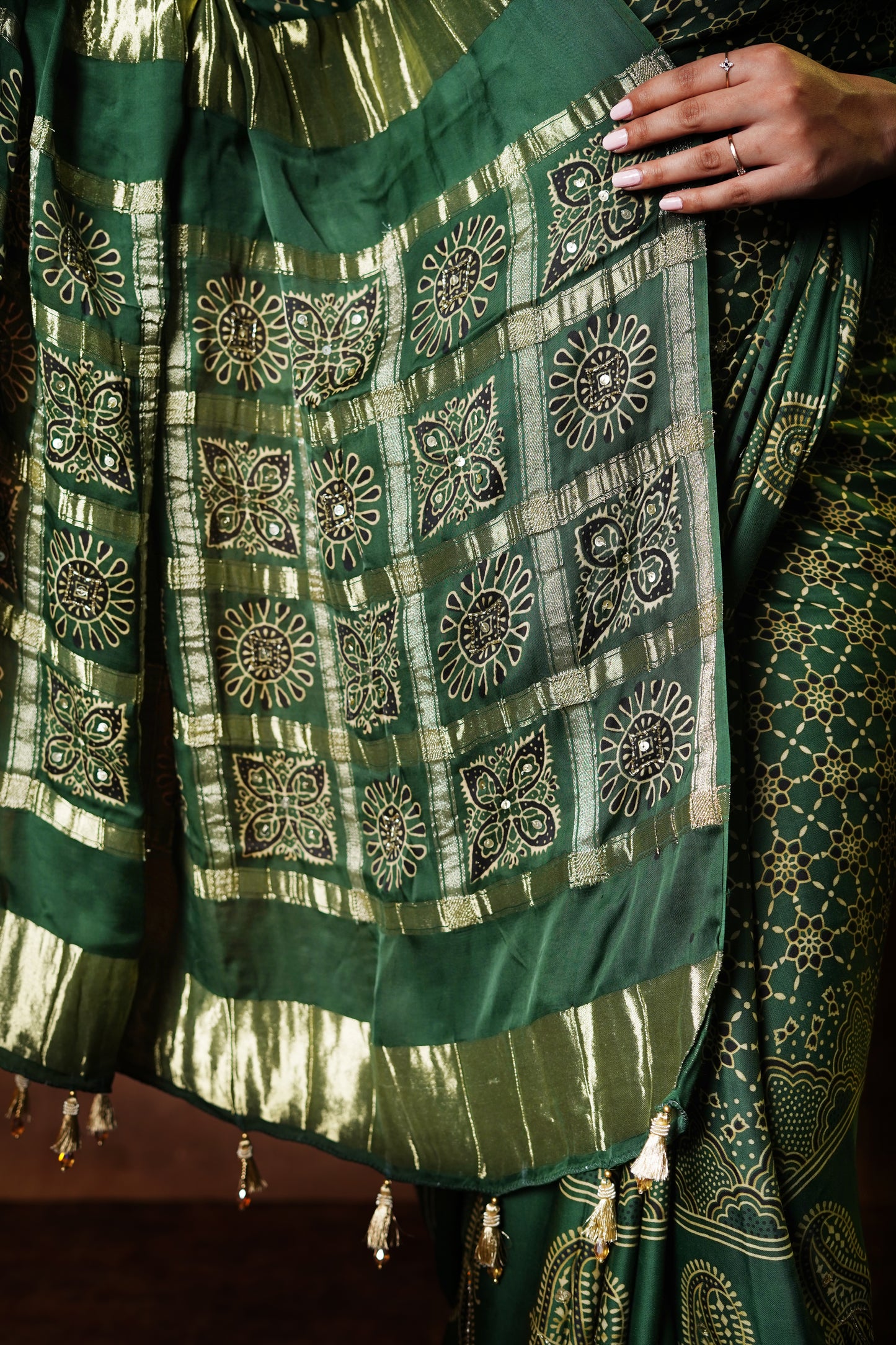 Emerald Ghat Aura - Modal Silk Block Print Saree