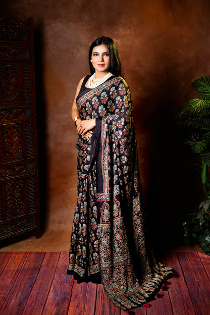 Noor – Black Ajrakh Modal Silk Saree