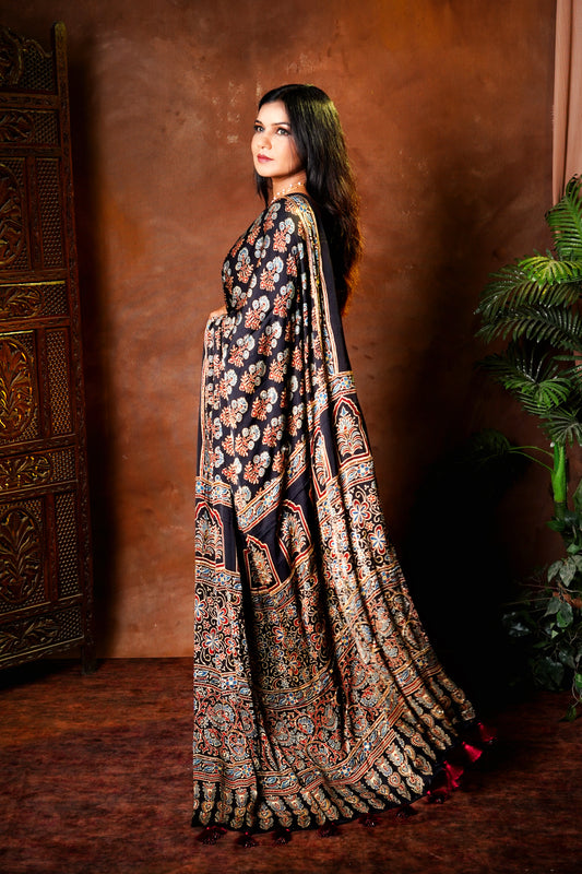 Noor – Black Ajrakh Modal Silk Saree