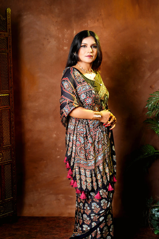 Noor – Black Ajrakh Modal Silk Saree