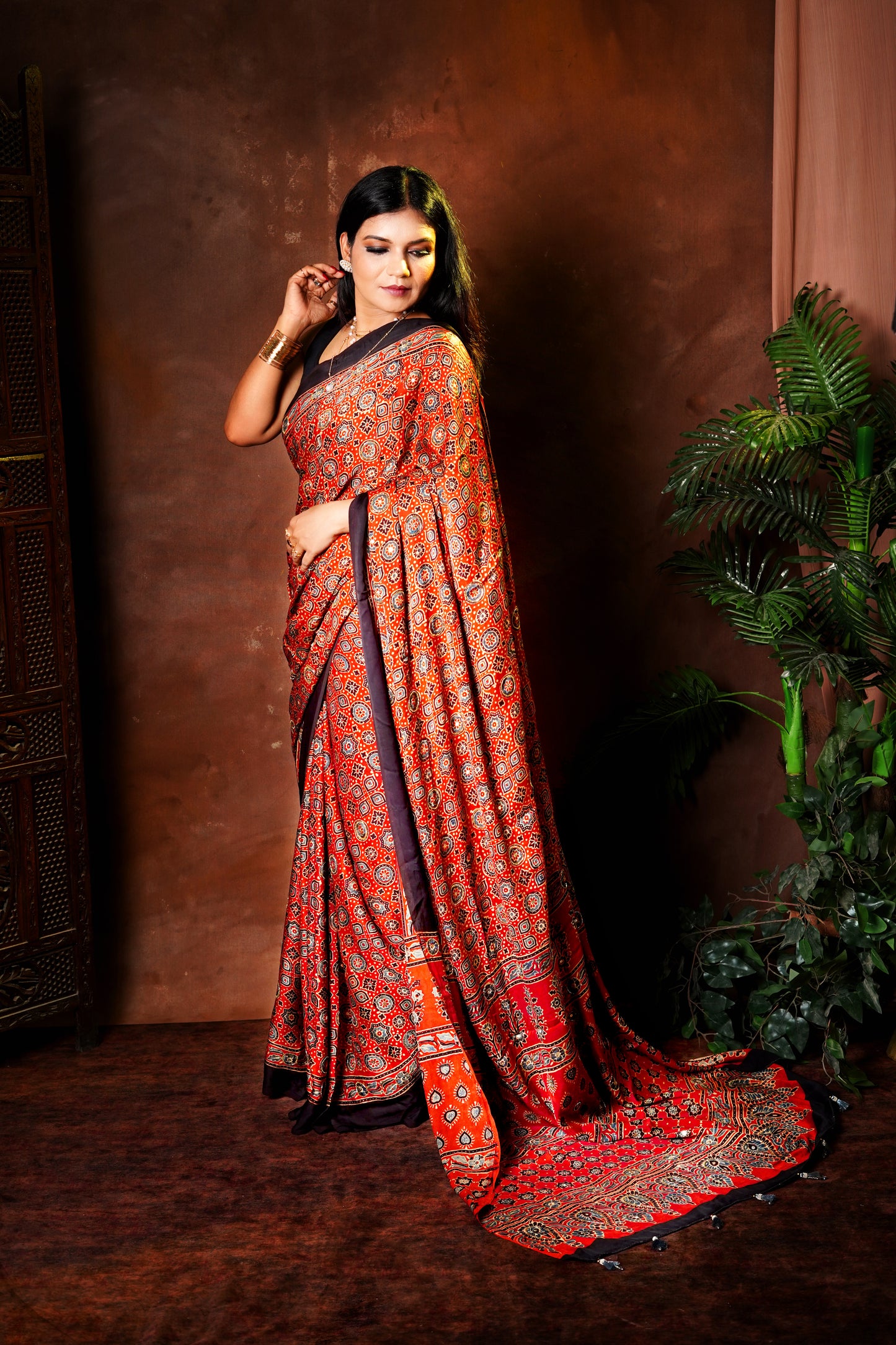 Surkh Ajrakh Modal Silk Saree