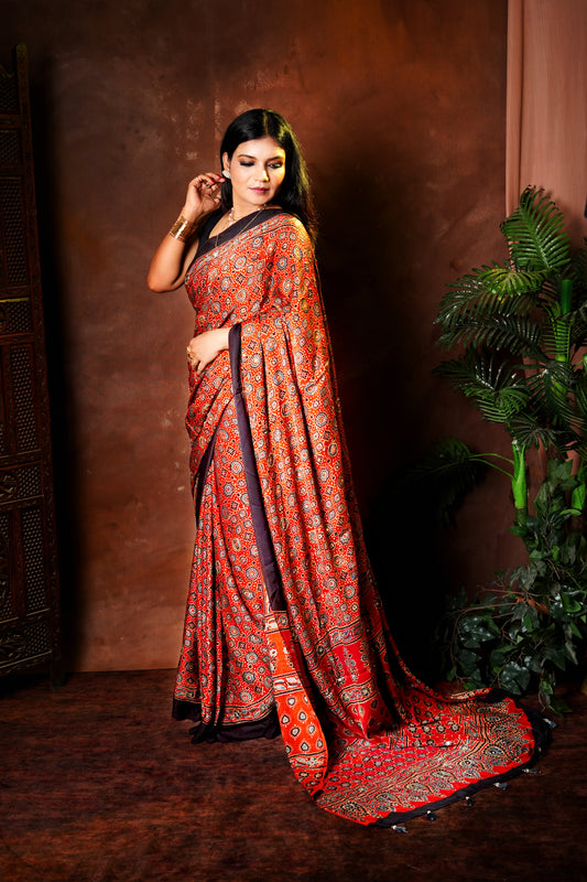 Surkh Ajrakh Modal Silk Saree