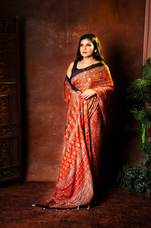 Surkh Ajrakh Modal Silk Saree