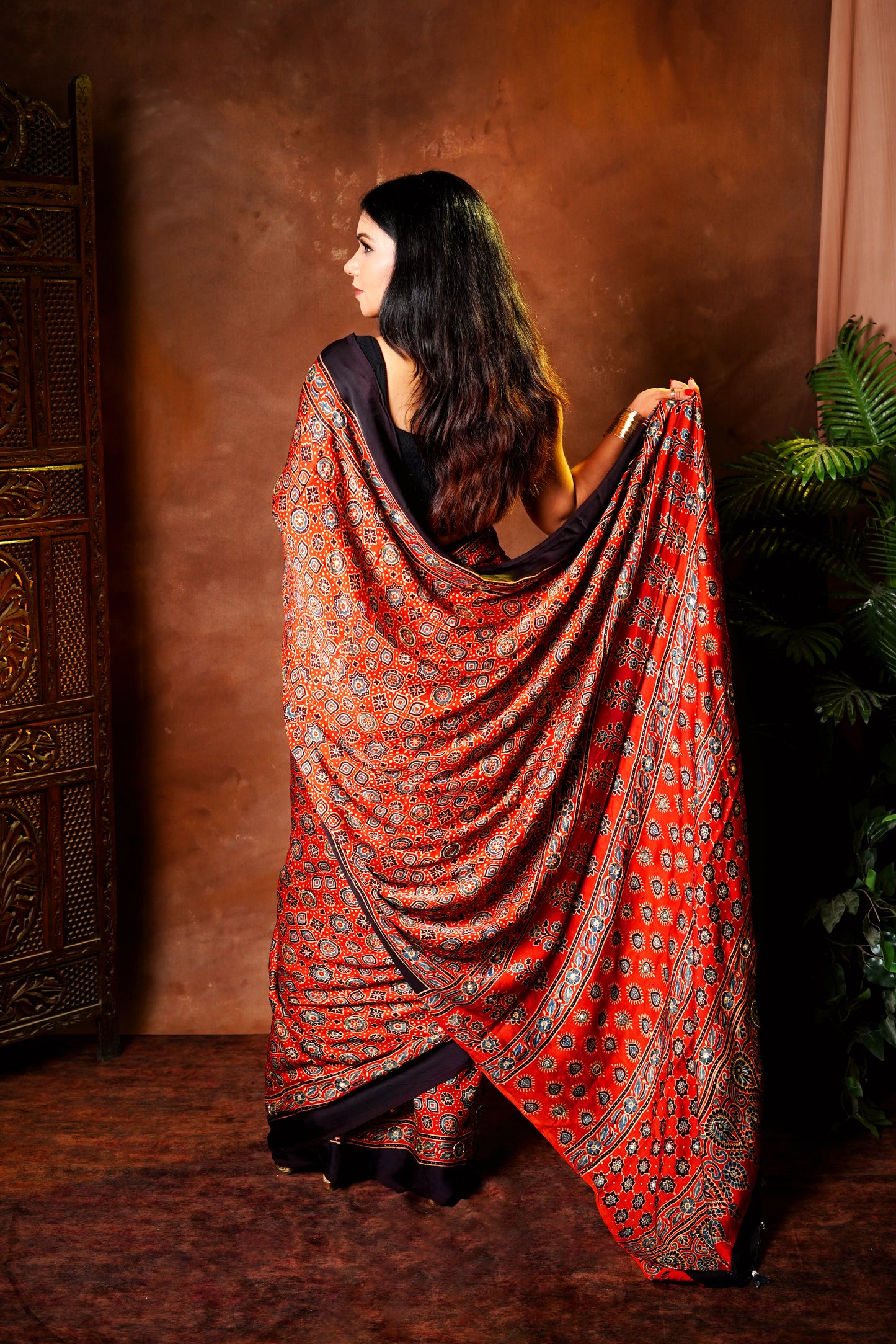Surkh Ajrakh Modal Silk Saree