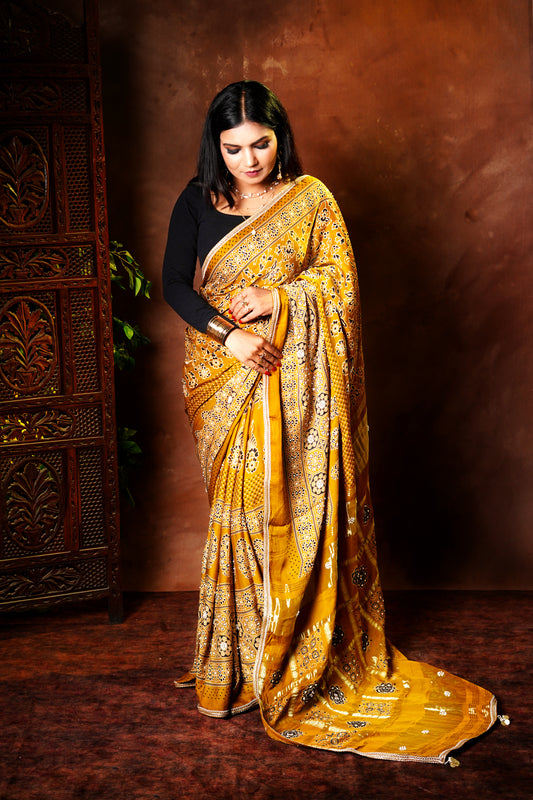 Haldi Hues - Block Printed Ajrakh Saree