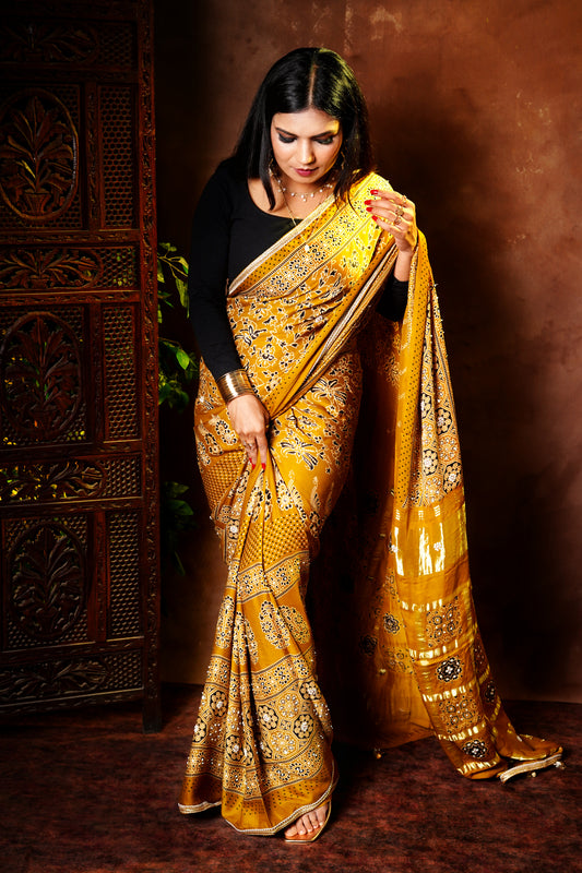 Haldi Hues - Block Printed Ajrakh Saree