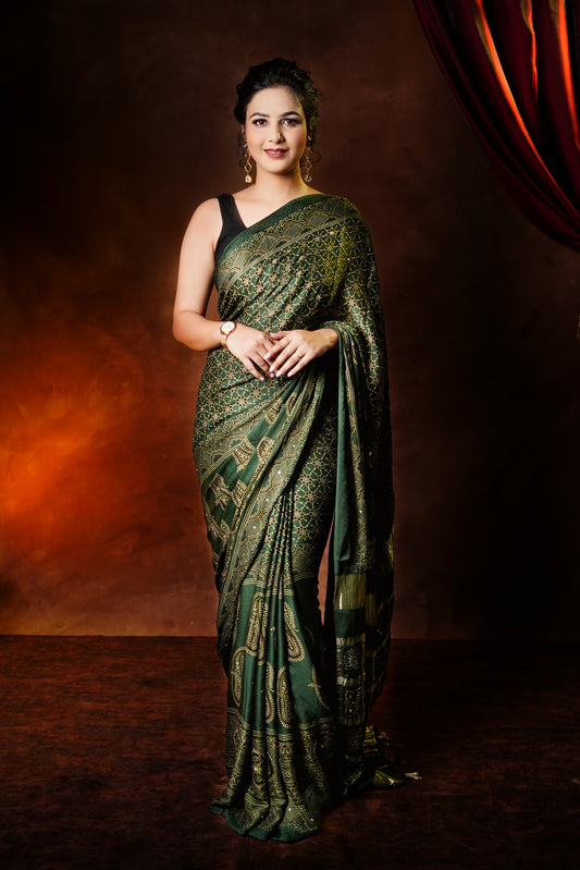 Emerald Ghat Aura - Modal Silk Block Print Saree
