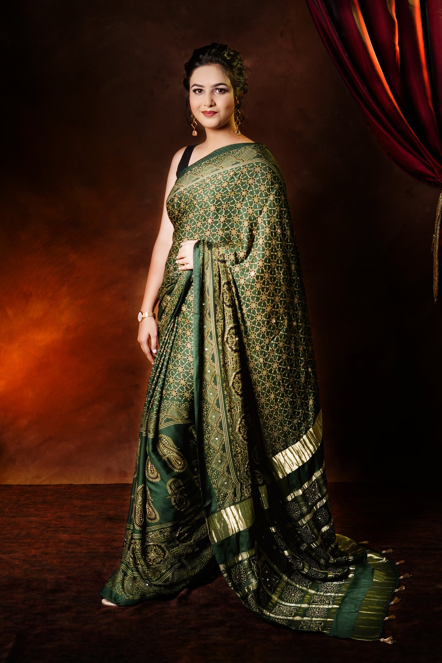 Emerald Ghat Aura - Modal Silk Block Print Saree
