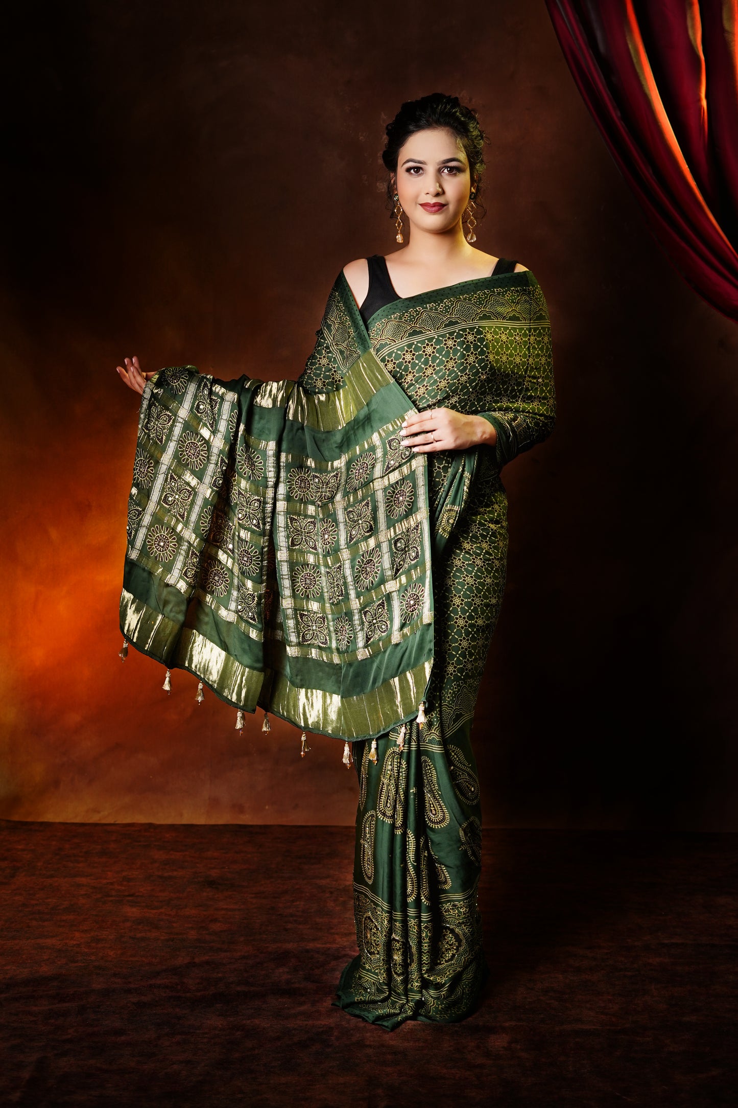 Emerald Ghat Aura - Modal Silk Block Print Saree