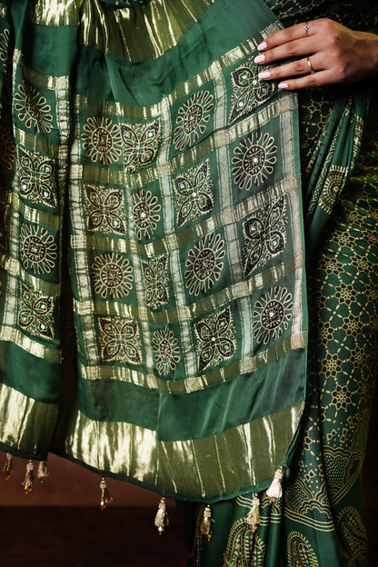 Emerald Ghat Aura - Modal Silk Block Print Saree