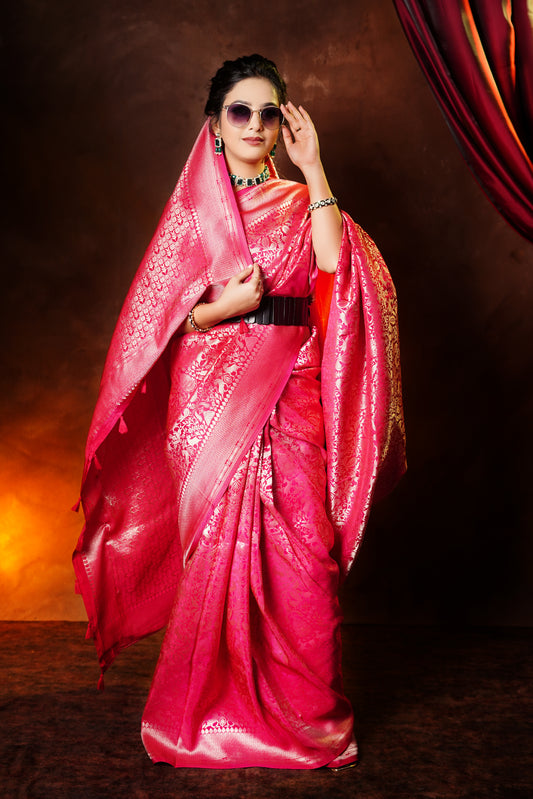 Banarasi Handwoven Shikargah Rani Pink Saree