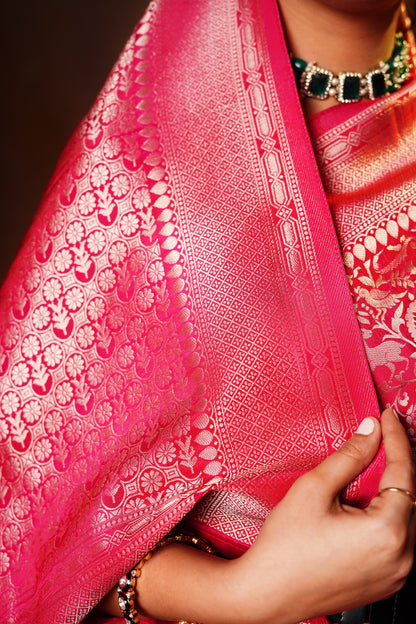 Banarasi Handwoven Shikargah Rani Pink Saree