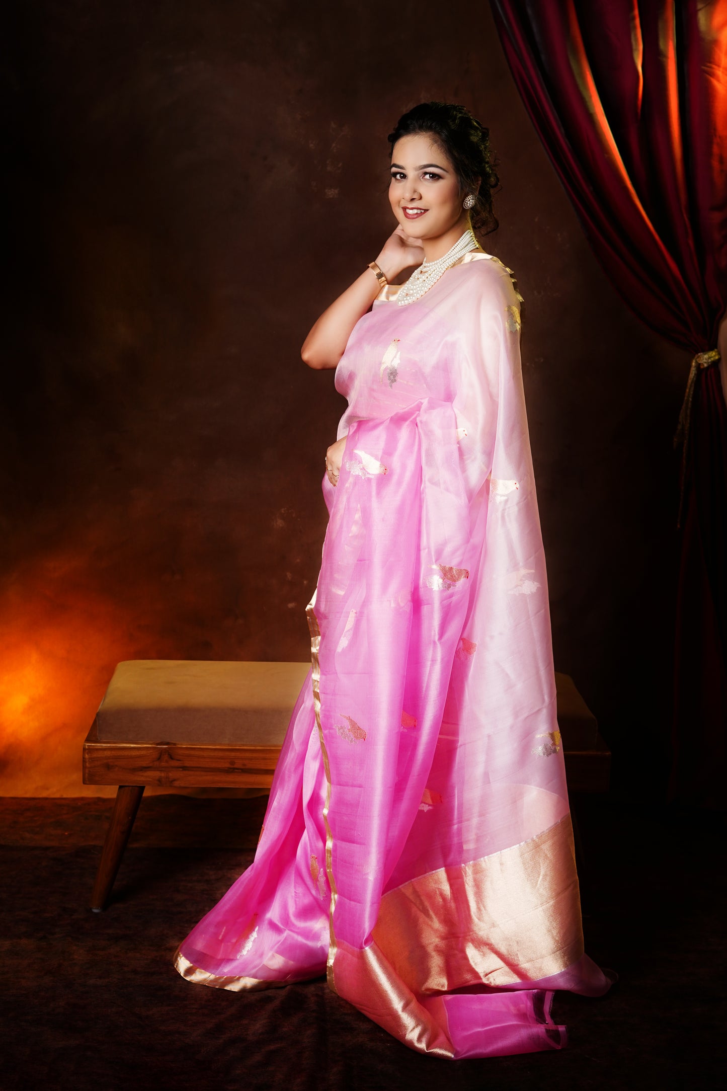 Ombré Pink Colour Pure Handwoven Kora Silk Kadwa Meenakari Banarasi Saree