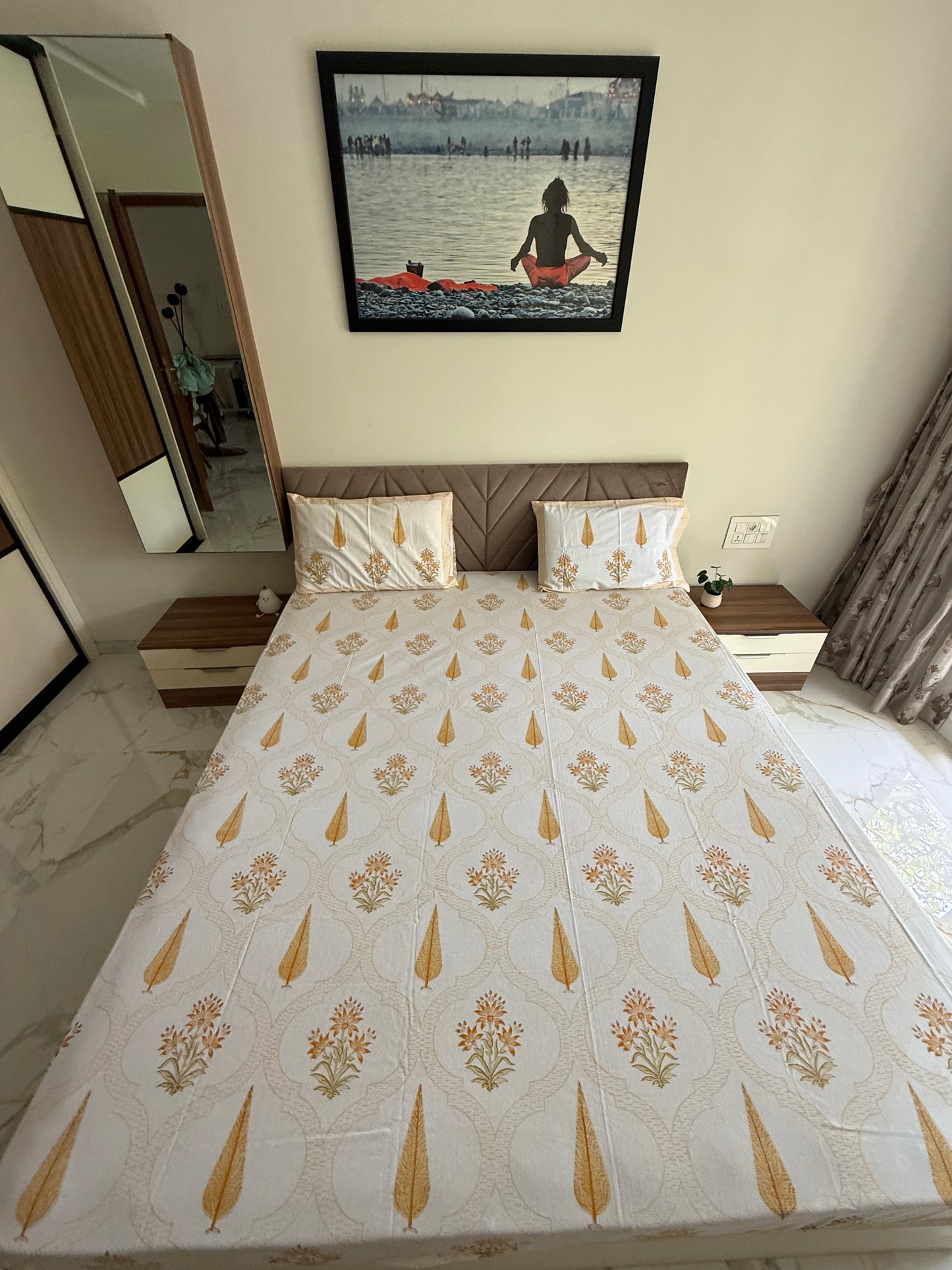 Block Printed Bed Sheet - Yellow